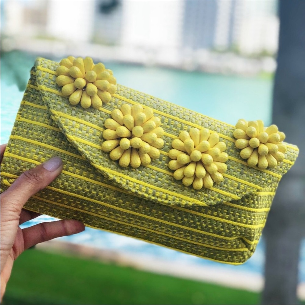 Straw Bag With Flower Beads Flap